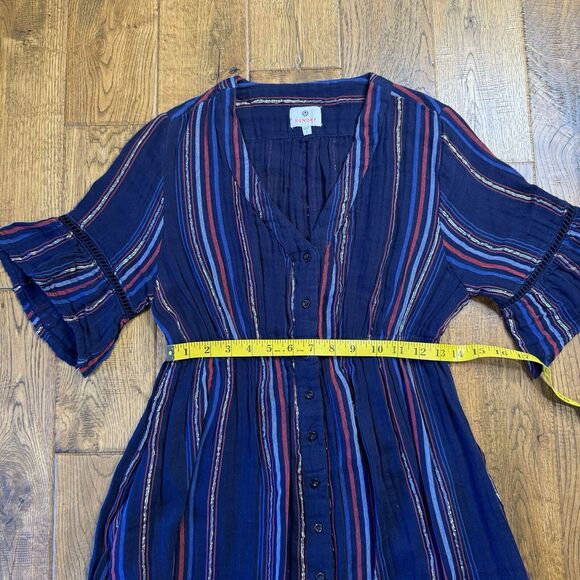 Anthropologie Sundry Dress Sz 1 Navy Striped Metallic Ruffle Midi Boho Peasant - Picture 4 of 8